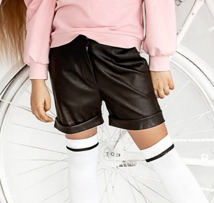 Girls' VOGA Black Eco Leather Shorts | V-05