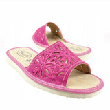 Women's Pink Velour Open Toe Slippers Folk Pattern | LIG-02