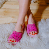 Women's Pink Velour Open Toe Slippers Folk Pattern | LIG-02