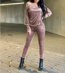 Women's Beige Velvet Sweatshirt and Pants Set | HAL-135